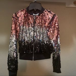 Girl’s Sequined Bomber Jacket (Black/Silver/Pink)